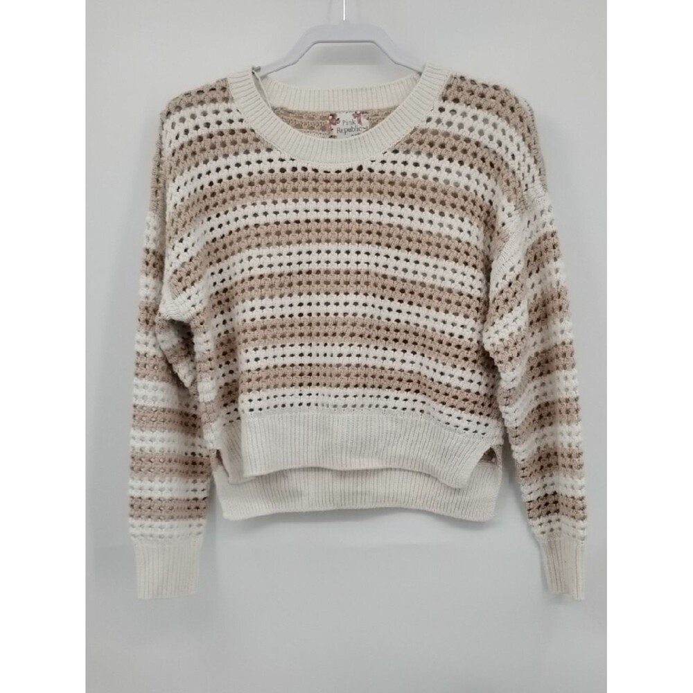Pink Republic Cream Brown Cropped Open-Knit Striped Crew Sweater M